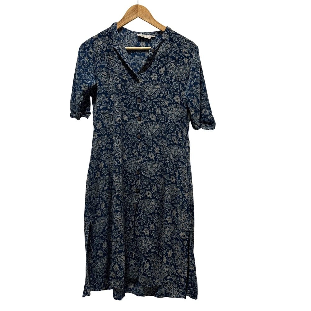 Utsa Dress Women M Blue Paisley Floral Button Front Midi Viscose Short‎ Sleeve